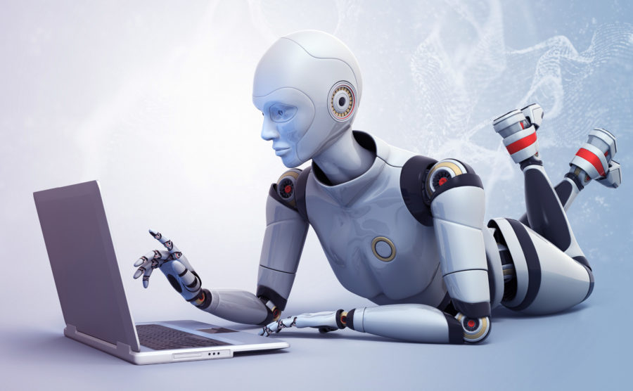 Robot relaxing on a laptop