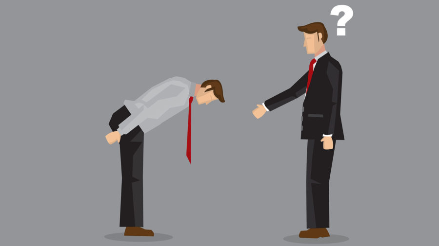 Illustration of man bowing and other man extending handshake