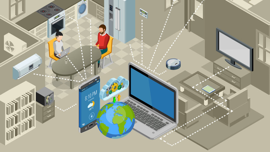 Illustration of a smart home connected to the internet