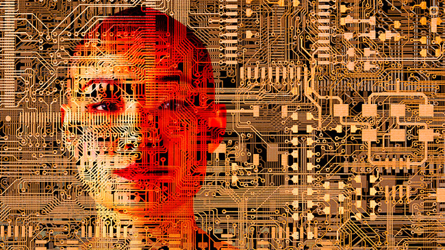 Woman over microchip circuits