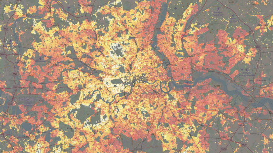 red white orange geospatial heatmap map of London housing