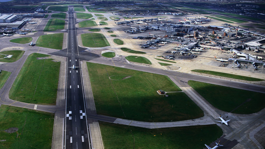 bird's eye view of Heathrow runway with planes on it