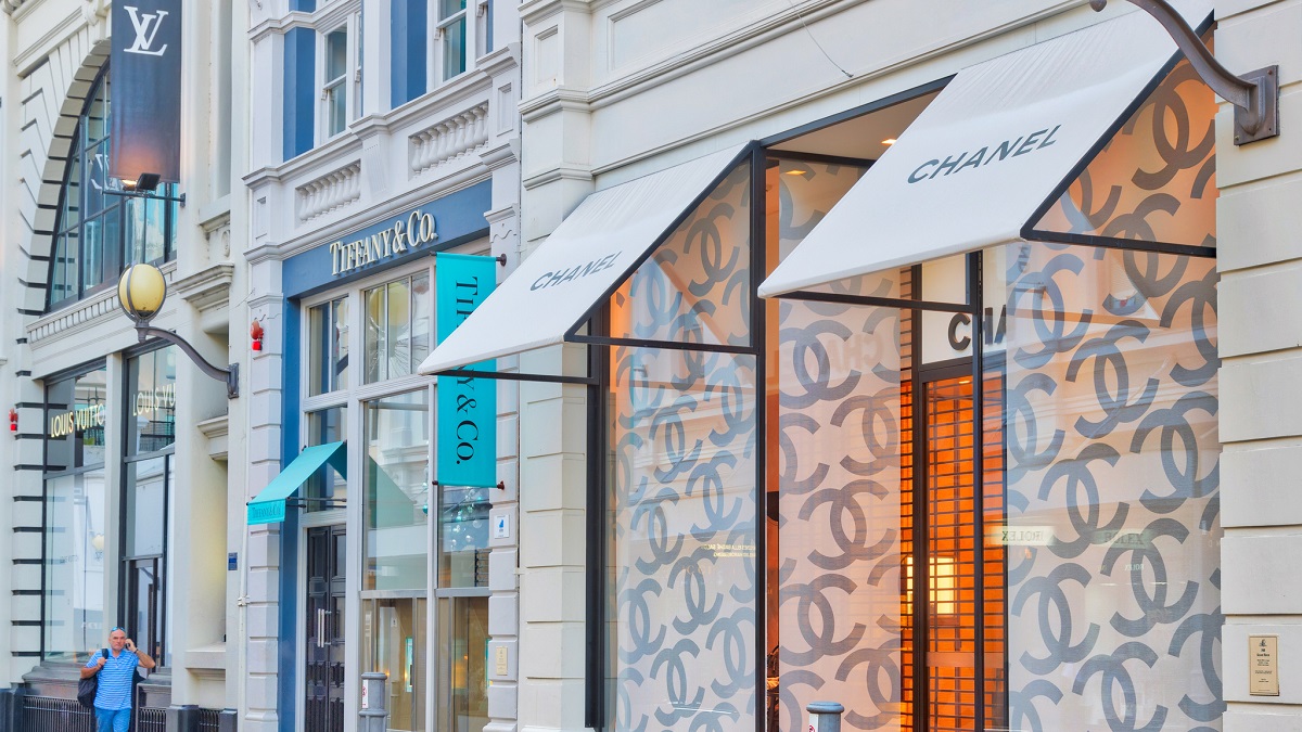 Street with Chanel shop, Tiffany shop and Louis Vuitton shop