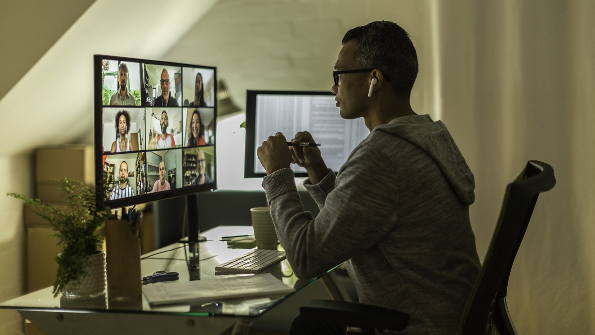 Businessman on video call from home office