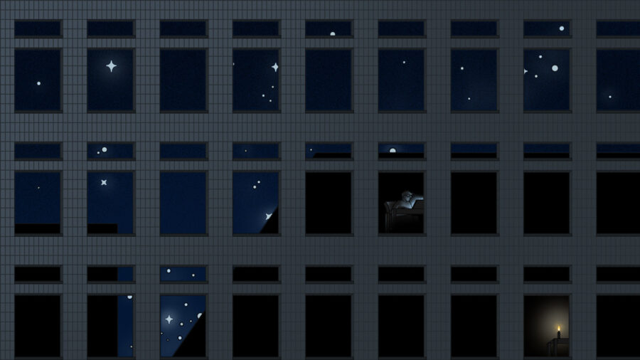 Illustration of office worker illuminated by his laptop screen, while the building is hit with a blackout