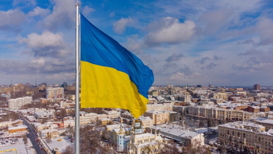 Ukrainian flag flies above the city of Kharkiv
